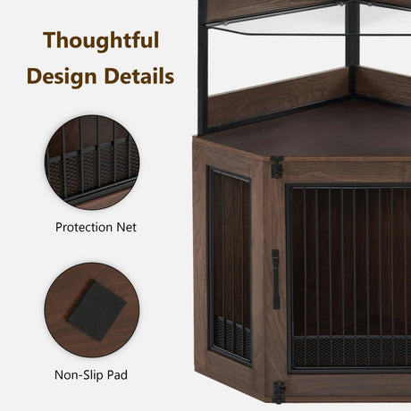 MCombo Corner Dog Crate Furniture with Glass Shelves, Wooden Dog Kennel Furniture with Door, Pet Crate Indoor Use, CN17 (Brown) MCombo