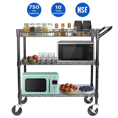 WDT Heavy Duty 3 Tier Utility Cart,Wire Rolling Cart with Wheels, Commercial Grade Service Cart with Shelving Liners and Handle Bar Metal Carts for Kitchen Office Hardware (750LBS Capacity Black)