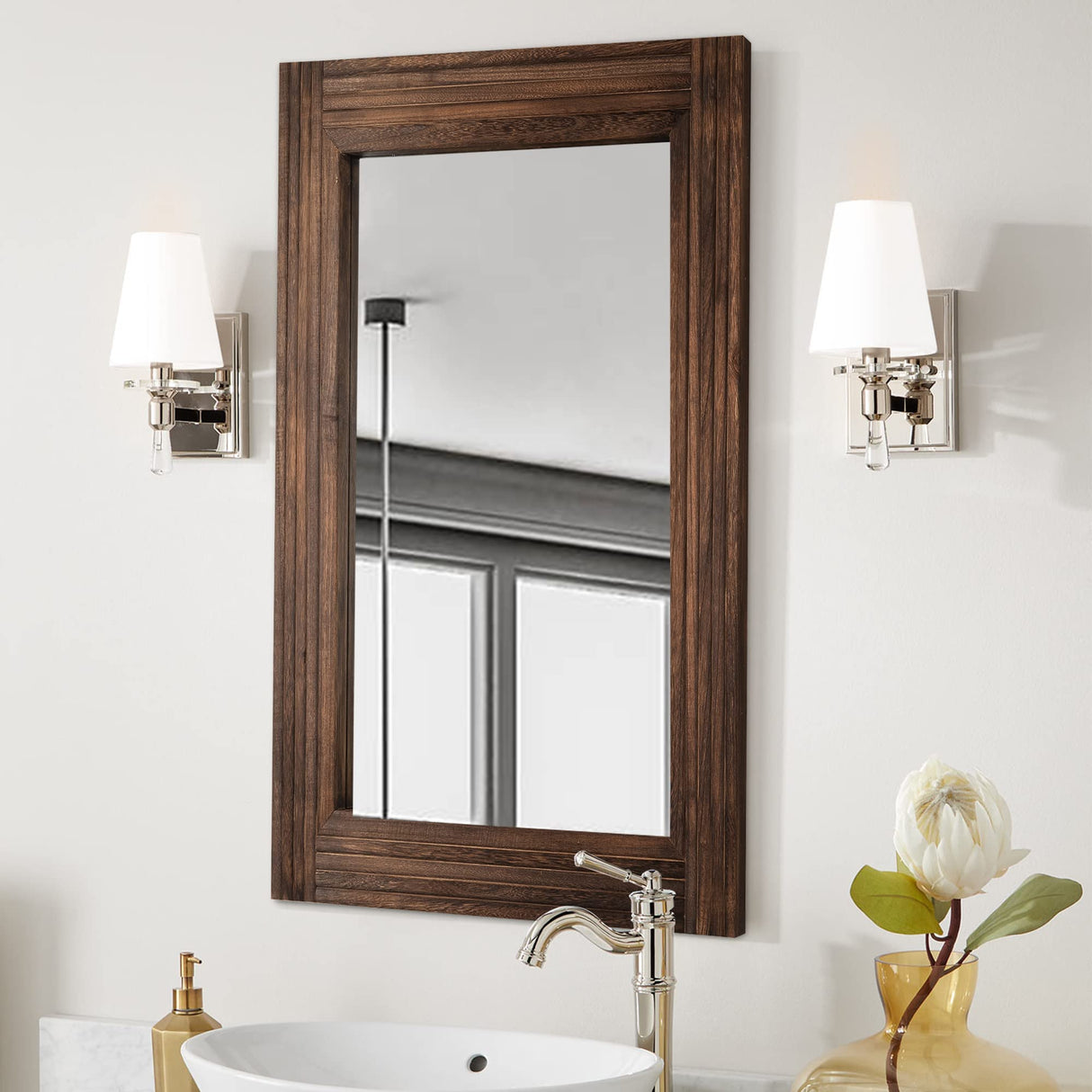 YOSHOOT Hand-Made Wooden Spliced Wall Mirror for Bathroom, Rustic Farmhouse Vanity Mirror, Décor Wall Art, Solid Wood Frame, Vertical or Horizontal Hanging YOSHOOT