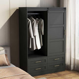 GOSROMS Armoire Wardrobe Closet with Sliding barn Door，Wardrobe Cabinet with 4 Storage Drawers and Hanging Rail,Freestanding Wooden Closet for Bedroom (Black) GOSROMS