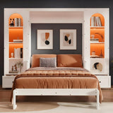 Queen Murphy Bed with Desk and Storage & LED Light, Solid Wood Hideaway Murphy Wall Bed with Storage Bookcase Shelves and Drawers for Adults (White,Queen) MERITLINE