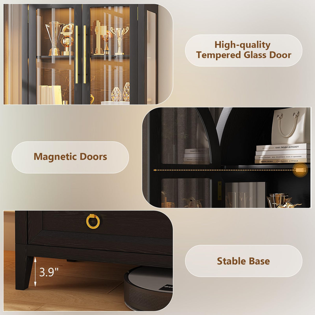 LVSOMT 71" Tall Arched Storage Cabinet with Glass Doors and Drawers, Curio Display Cabinet with Adjustable LED Light & Human Sensor, 4-Tier China Cabinet for Living Room(Black) LVSOMT