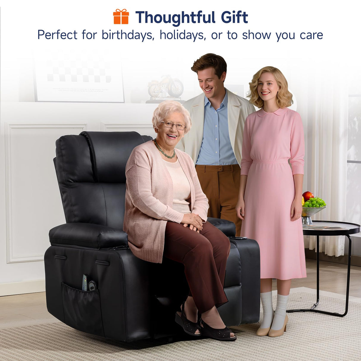 Power Lift Recliner Chair for Elderly with Massage & Heat, 160° Adjustable PU Leather Electric Recliner with Remote, Cup Holders, Side Pockets, and Stand Assist for Living Room, Bedroom (Black) Brage Living