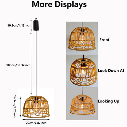 Outdoor Pendant Light Chandelier for Gazebo Battery Operated Boho Hanging Lamp Bamboo Handmade Rattan Decorative Lights LED Lantern Bulb Powered by 4*AA Batteries for Porch Patio Backyard Dec - WoodArtSupply