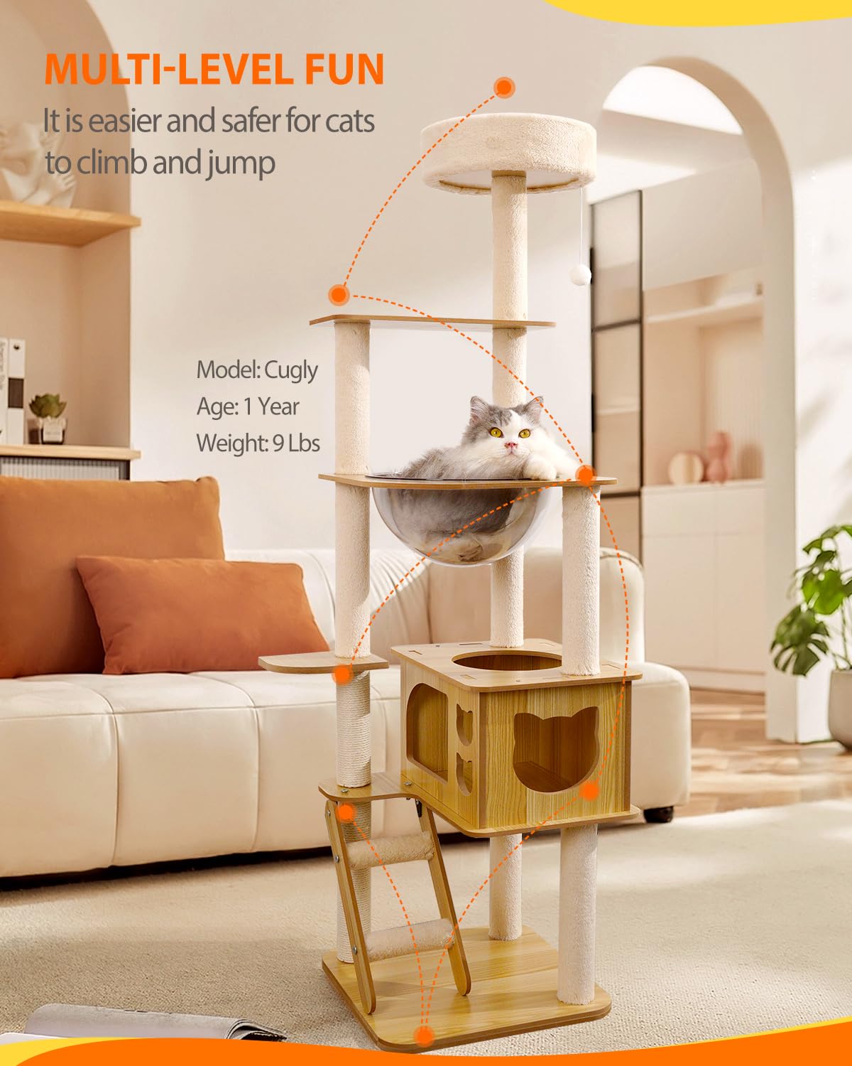 Yueyuesmart Modern Cat Tree with Acrylic Dome, 56 Inches Wooden Cat Tree No Carpet, Multi-Level Wood Cat Tower with Large Cat Condo, Round Top Perch, Scratching Post yuyuesmart