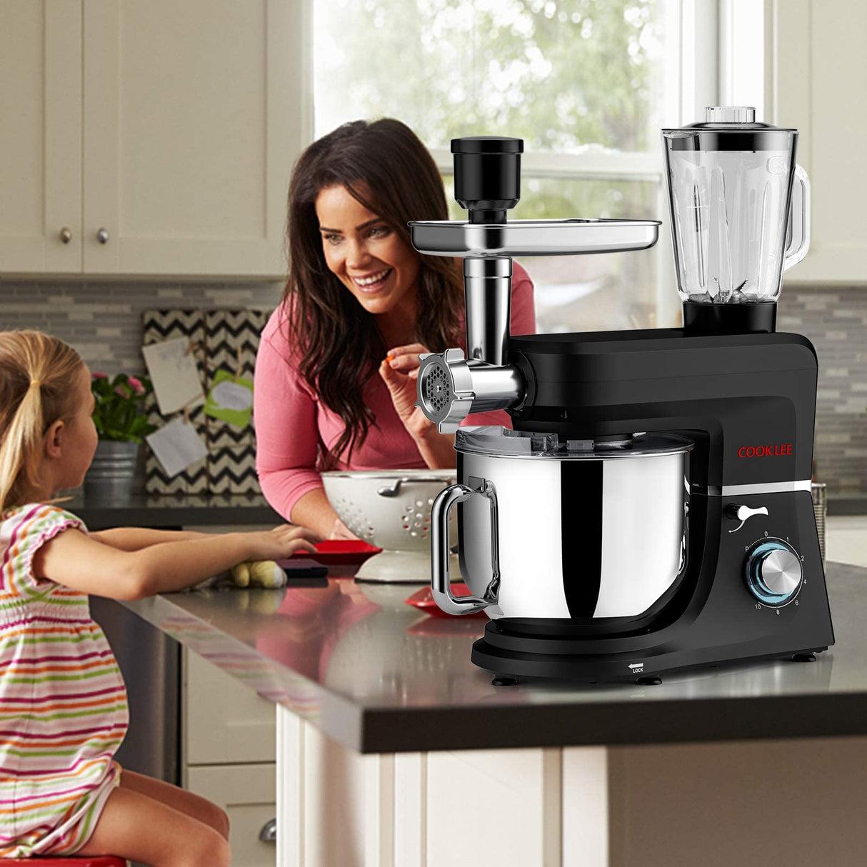 COOKLEE 6-IN-1 Stand Mixer, 8.5 Qt. Multifunctional Electric Kitchen Mixer with 9 Accessories for Most Home Cooks, SM-1507BM (Black) COOKLEE