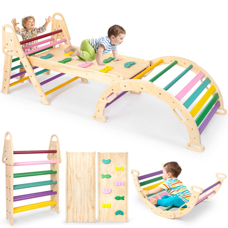 RMOKA Indoor Climbing Toys for Toddlers 1-3, 7in1 Extra Large Pikler Triangle Set, Foldable Wooden Montessori Climbing Set with Arch, Ramp & Ladder Baby Indoor Playground Jungle Gyms for Toddlers RMOKA