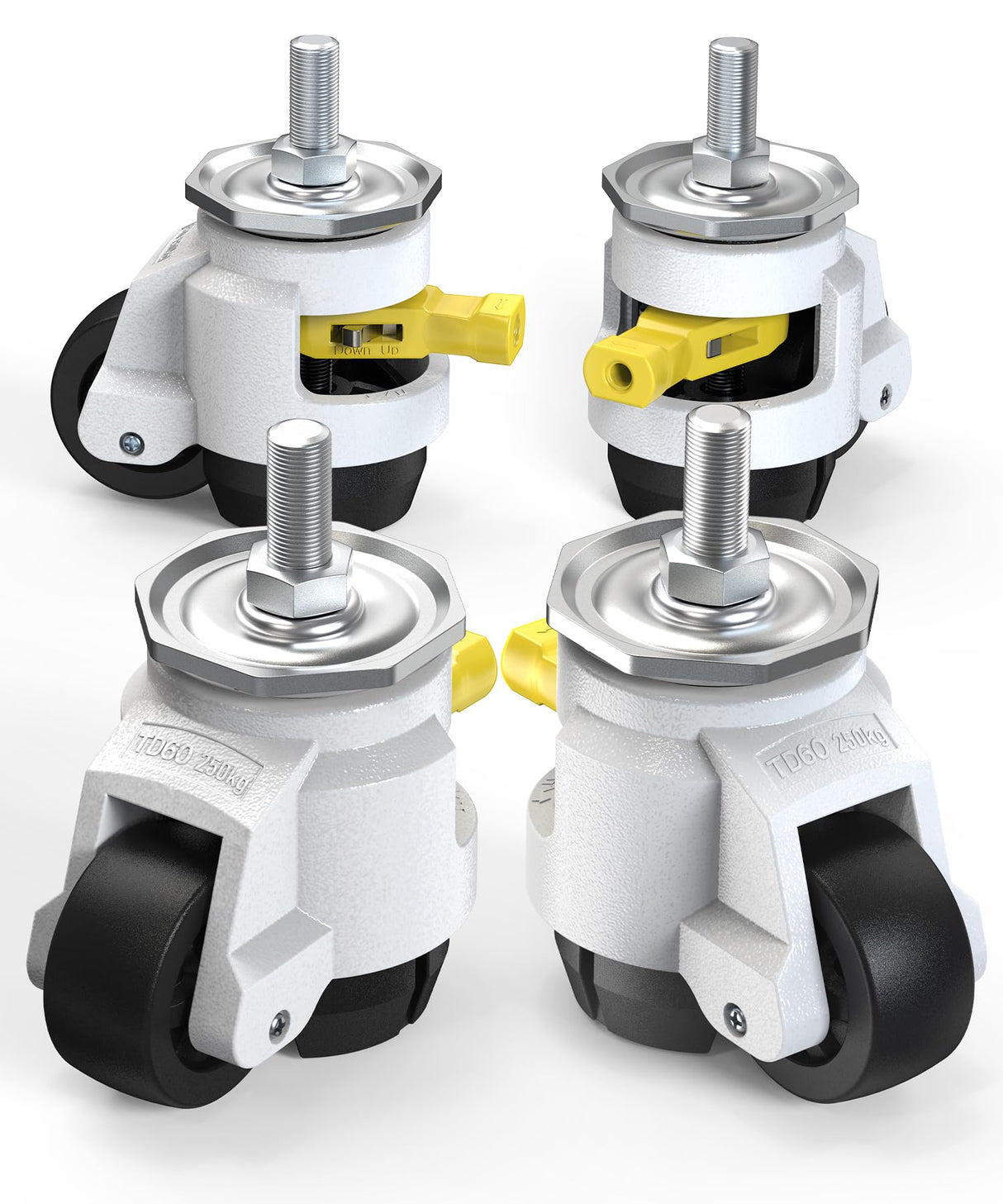 HOLKIE Leveling Stem Casters Set of 4 Heavy Duty Retractable Caster Wheels, 1/2" and M12 Stem Size, Total Capacity 2200 Lbs, Adjustable Wheel with Ratchet Handle for Workbench, Machine, Equipment HOLKIE
