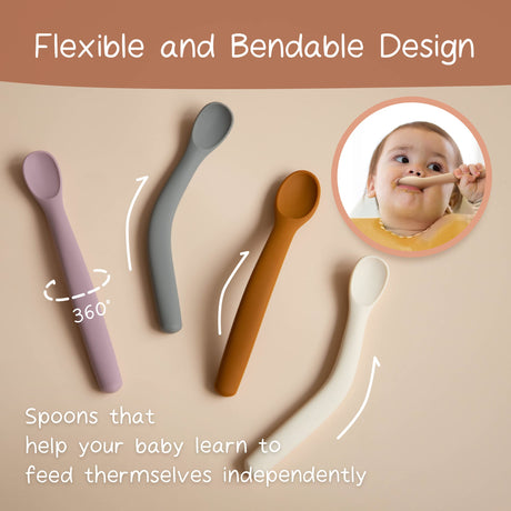 Moonkie Silicone Baby Spoons Set of 4, Two Sizes Feeding Spoon for First Stage 4+ Months, Baby Utensils with Case, Toddler Led Weaning Spoons, Bendable, Chewproof & Boil-proof Moonkie