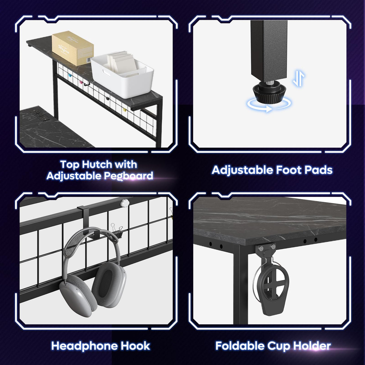 Bestier 42 L Gaming Desk,Computer Desk with Power Outlets, LED Lights, Reversible Corner Desk with 4-Tier Shelves,Cup Holder & Hook Black Marble Bestier