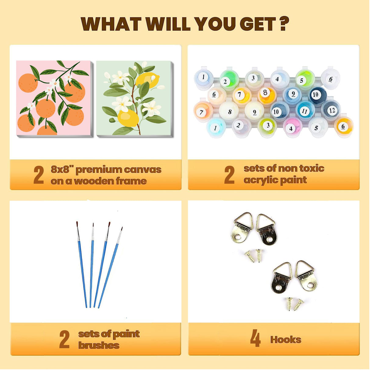 cupmod 2 Pack Framed Paint by Numbers Kit for Kids,Easy Acrylic Paint by Numbers Kits on Canvas,Fruit Oil Painting Paint by Number for Adults Beginners for Home Wall Decor (8x8inch) cupmod