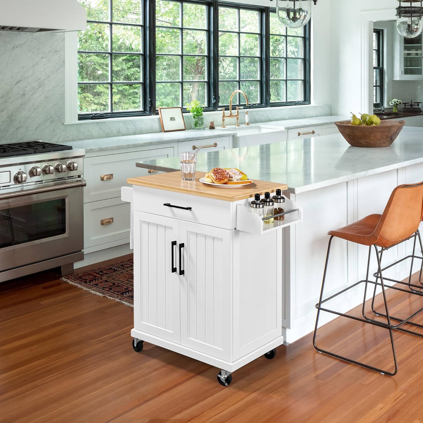 Topeakmart Kitchen Island Cart with Storage Cabinet and 1 Drawer, Rolling Kitchen Cart with Towel Rack & Spice Rack, Bamboo Countertop, White