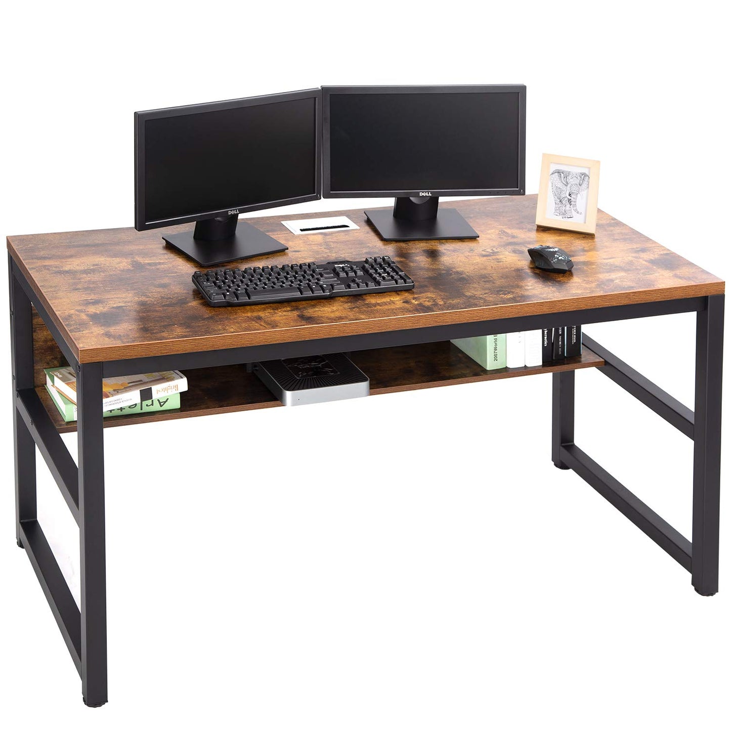 TOPSKY Rustic Brown Computer Desk with Bookshelf and Metal Cable Grommet - 55" Thick & Sturdy Design - WoodArtSupply