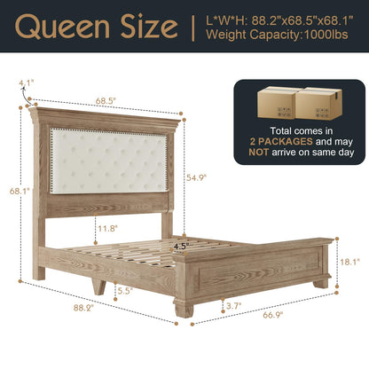 YUMPIE Queen Rustic Solid Wood Bed Frame With 68" Tall Headboard, Farmhouse Chenille Upholstered Panel Platform Bed Mattress Frame, Button Tufted/Antique Brass Nail Trim/No Box Spring Needed, Milk Ash