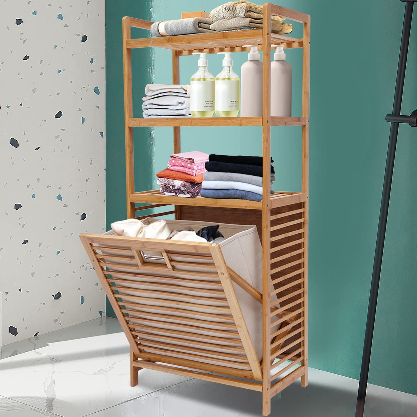 OUKANING Bamboo Laundry Hamper with 3-Tier Storage Rack and Tilt-Out Basket - WoodArtSupply