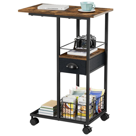 C Shaped Sofa Side Table: Couch End Table with Drawer - Bedside Table with Wheels - 19.7''L x 11.8''W x 28''H - C Mobile Tables with Storage Basket for Living Room Bedroom Sonyabecca