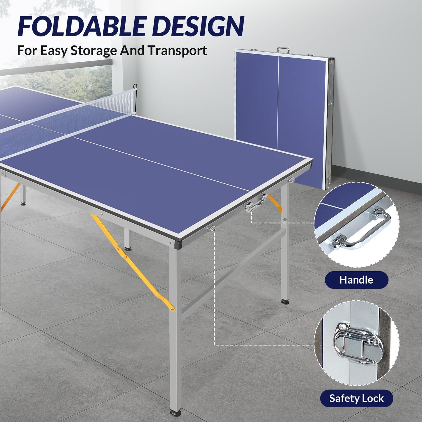 Zevemomo Portable Table Tennis Table, 6FT Mid-Size Foldable Ping Pong Game Set for Indoor/Outdoor, Ping Pong Table Top with Net, 2 Paddles and 3 Balls, Table Tennis Set 10 Minute Quick & Easy Assembly