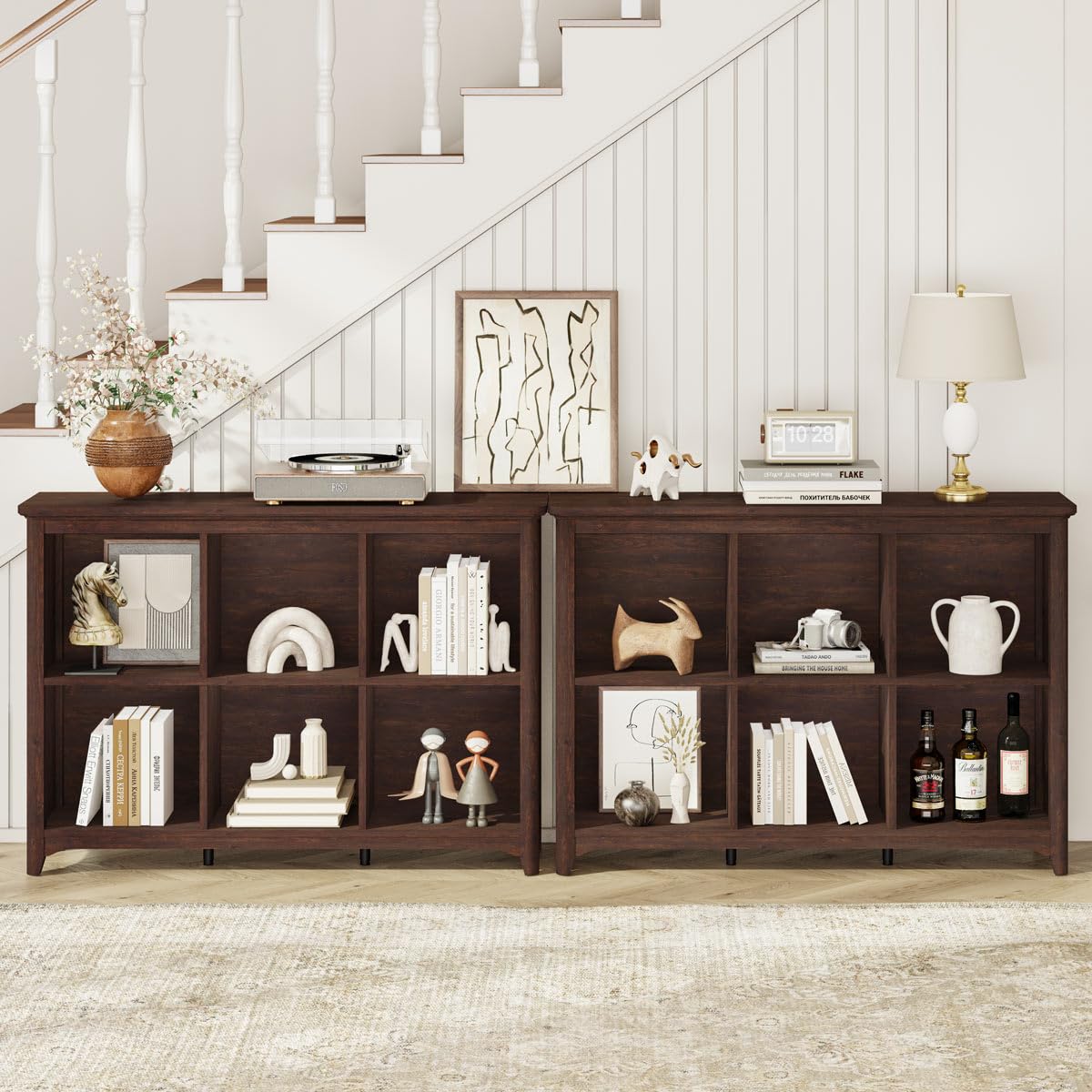 BON AUGURE 6 Cube Storage Bookcase, 43" Wide Horizontal Wooden Bookshelf, Floor Standing Low Book Shelf with Curved Edge for Living Room, Office - Brown Cherry BON AUGURE