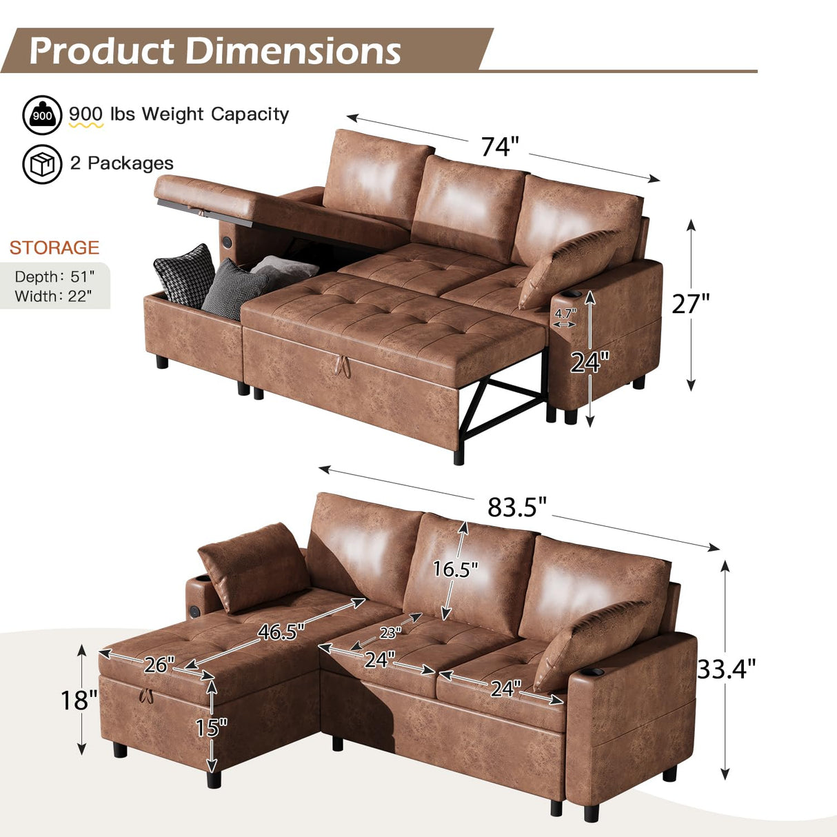 Esright Sleeper Sofa Couch with Pullout Bed, Faux Leather Sofa Bed Pull Out Couch with Reversible Storage Chaise, L Shaped Sectional Sleeper Sofa Couches for Living Room Clearance, Brown Esright