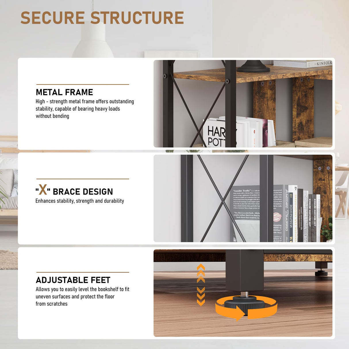 EDWINENE 4 Tier Corner Bookshelf, Industrial l Shaped Bookshelf with Metal Frame, Tall Corner Shelf Stand with 2 Hooks for Living Room, Bedroom, Home Office, Rustic Brown EDWINENE