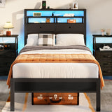 Furnulem Twin Bed Frames with Charging Station and LED Lights, Wood Headboard with 2 Fabric Drawers and Storage Shelves, Twin Size Platform Bed with Metal Slats, No Box Spring Needed, Black Oak Furnulem