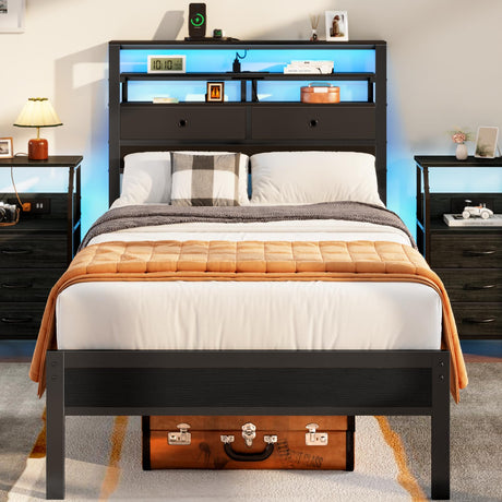 Furnulem Twin Bed Frames with Charging Station and LED Lights, Wood Headboard with 2 Fabric Drawers and Storage Shelves, Twin Size Platform Bed with Metal Slats, No Box Spring Needed, Black Oak Furnulem