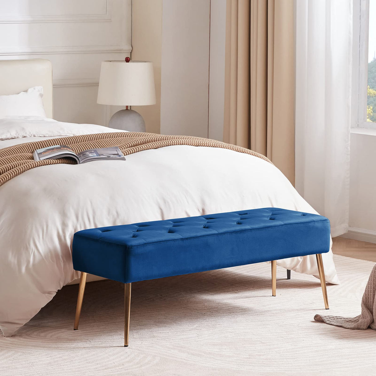 DUHOME Button-Tufted Ottoman Bench, Upholstered Bedroom Benches Velvet Footrest Stool Dining Bench Accent Bench for Entryway Dining Room Living Room Bedroom, Dark Blue DUHOME