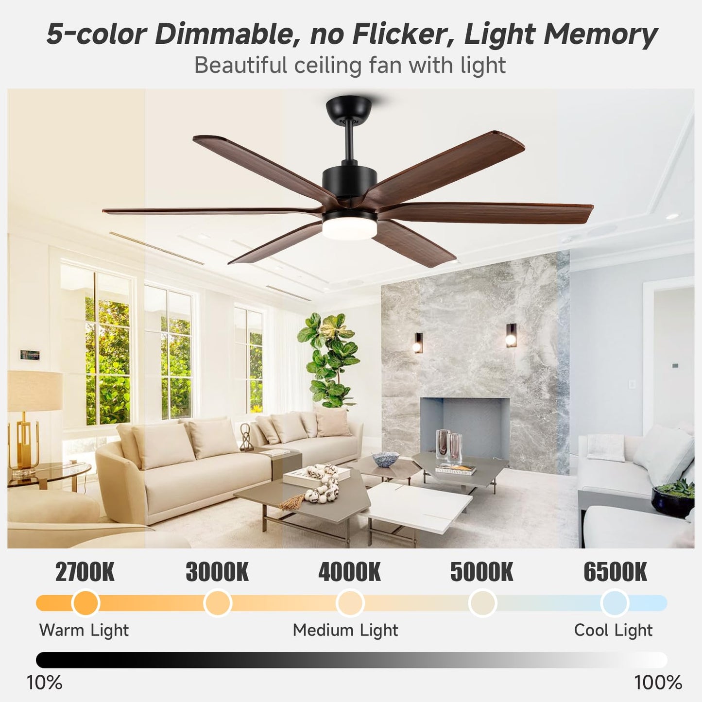 60 Inch Outdoor Ceiling Fans with Lights and Remote, 6 blade Solid Wood Ceiling Fan Large Farmhouse Ceiling Fan with Light for Patio Exterior, 6 Speed Reversible Quiet DC Motor, Dimmable 5-Color