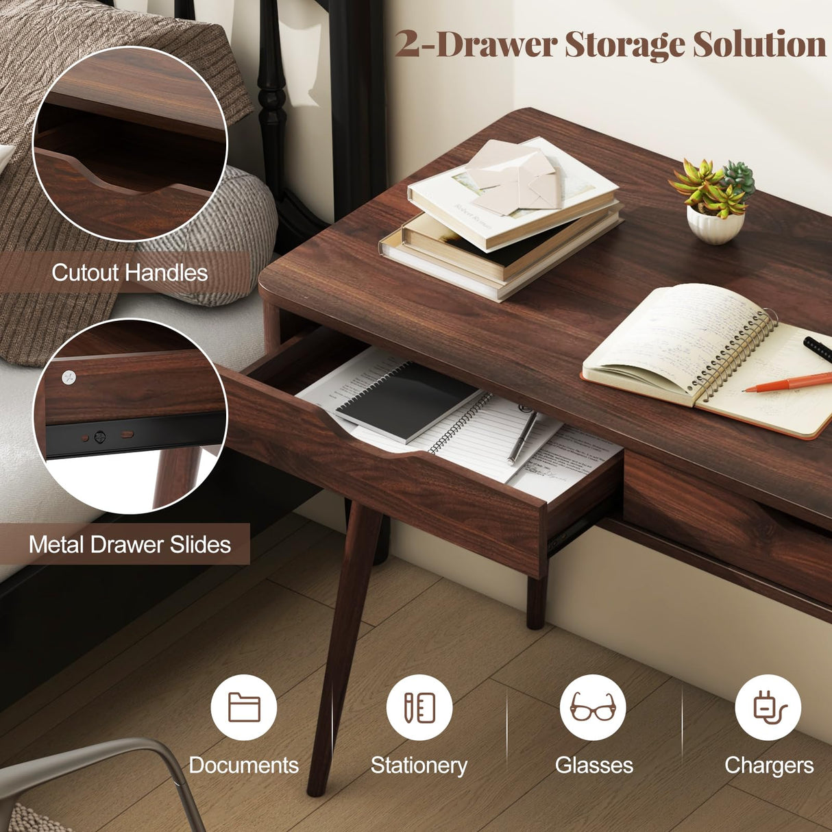 Giantex Mid-Century Desk with 2 Drawers, 43.5" Writing Study Desk with Solid Rubber Wood Legs, Home Office Computer Workstation PC Laptop Desk, Modern Makeup Vanity Table for Bedroom (Walnut) Giantex