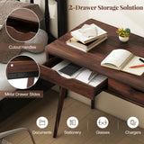 Giantex Mid-Century Desk with 2 Drawers, 43.5" Writing Study Desk with Solid Rubber Wood Legs, Home Office Computer Workstation PC Laptop Desk, Modern Makeup Vanity Table for Bedroom (Walnut) Giantex