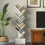 Rolanstar Tree Bookshelf with Drawer, 9 Shelf Bookshelf, Wooden Bookcase Storage Rack for CDs/Movies/Books, Corner Bookshelves, Utility Organizer Shelves for Living Room, Bedroom, White Rolanstar