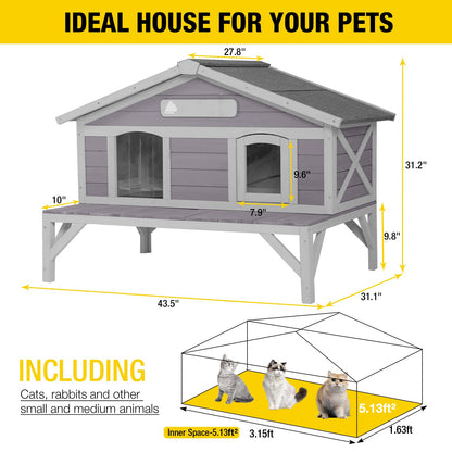 Outdoor Cat House Feral Kitty Shelter with Large Opening Roof Wooden Weatherproof Cat Shelter for Winter,Escape Door - WoodArtSupply