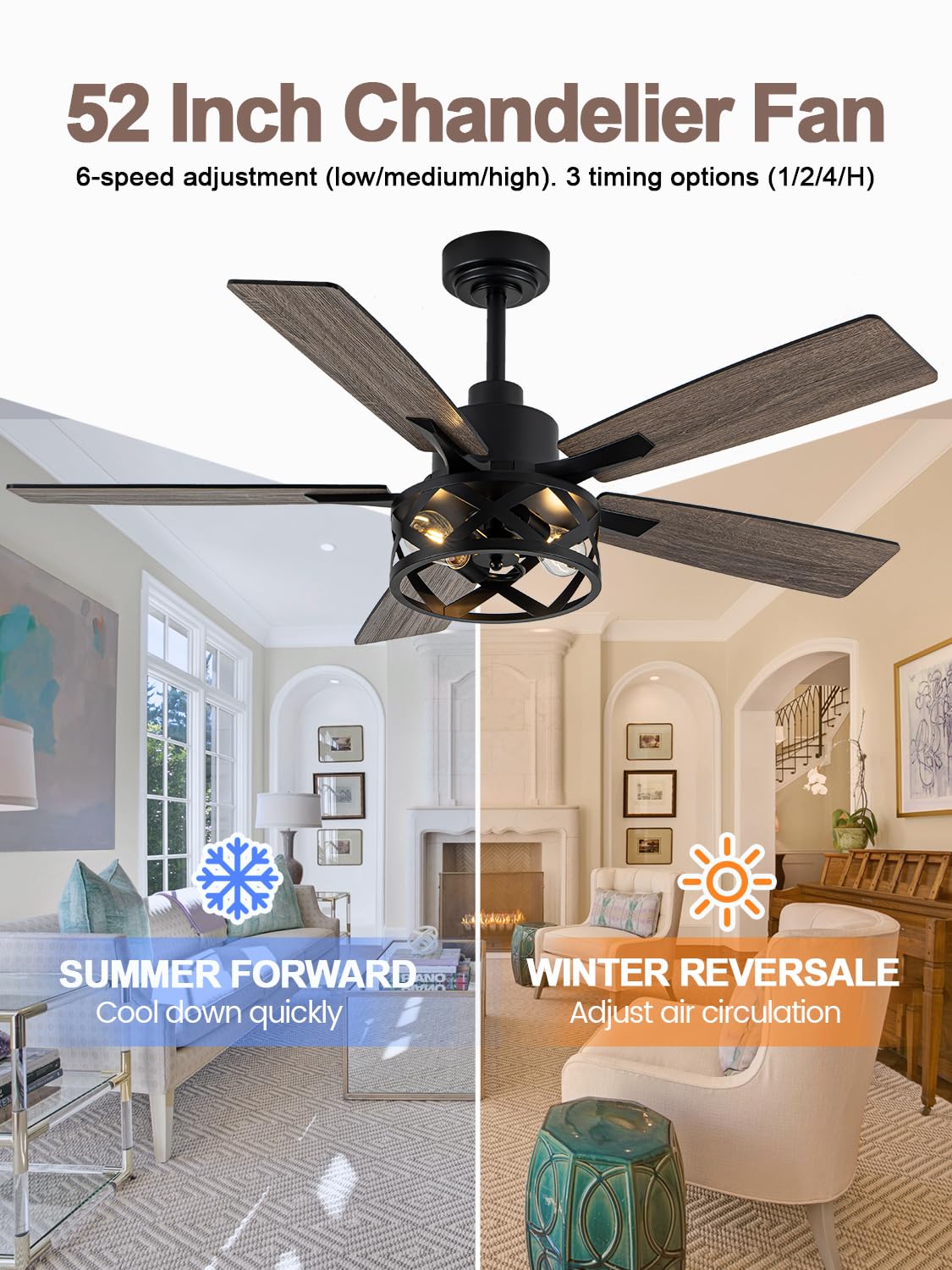Curve Curio 52 Inch Farmhouse Ceiling Fan with Light and Remote Industrial Ceiling Fan Quiet and Reversible DC Motor Rustic Caged Chandelier Fan for Living Room Bedroom Patio Curve Curio