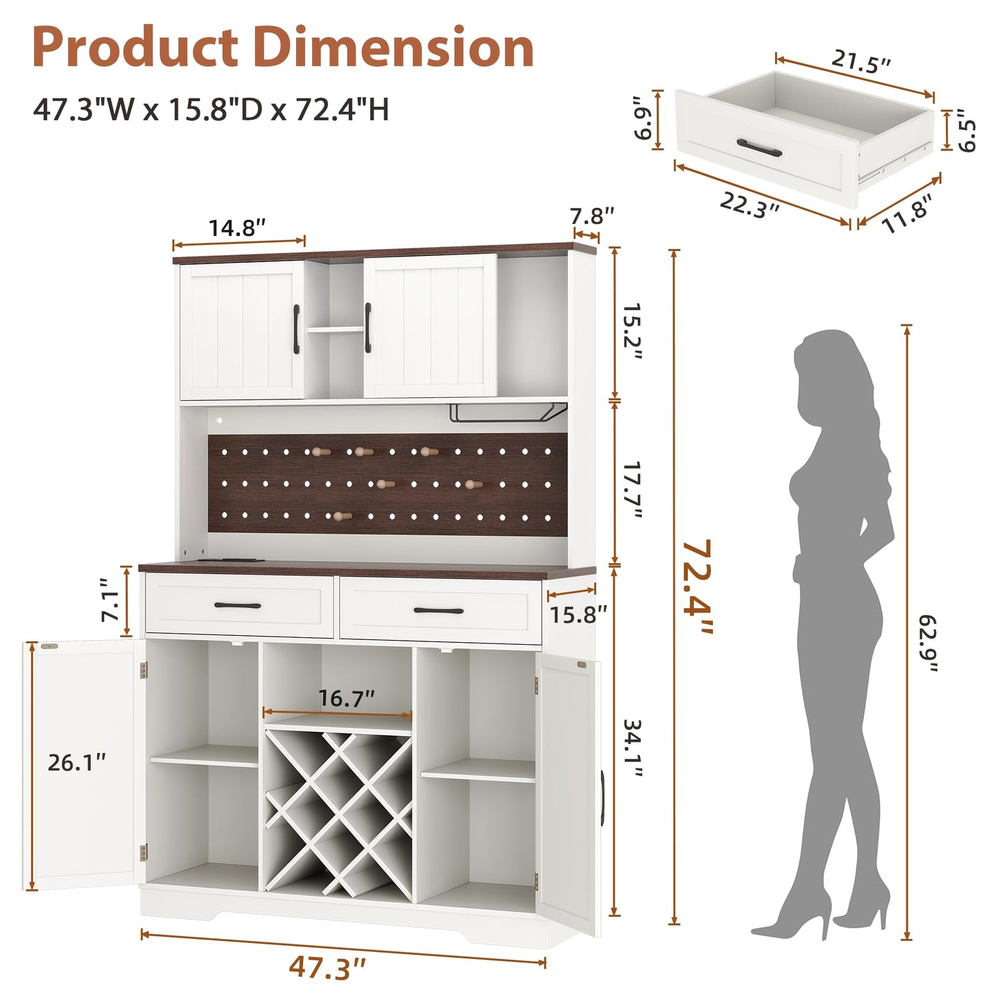 72" Coffee Bar Cabinet with Power Outlet & LED Light, Farmhouse Large Kitchen Hutch with Sliding Barn Door, Tall Bar Cabinets with Storage Drawers & Wine Glass Rack,Pantry China Cabinet for Home,White