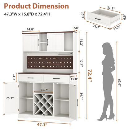 72" Coffee Bar Cabinet with Power Outlet & LED Light, Farmhouse Large Kitchen Hutch with Sliding Barn Door, Tall Bar Cabinets with Storage Drawers & Wine Glass Rack,Pantry China Cabinet for Home,White