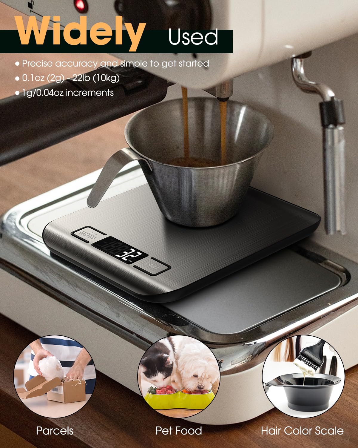 Mik-Nana Food Scale, 22lb Digital Kitchen Scale Weight Grams and Ounces for Baking Cooking Coffee Package Postage, 6 Units with Tare Function, LCD Display, Easy Clean Stainless Steel (Silver) Mik-Nana