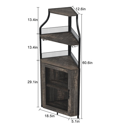 Corner Bar Storage Cabinet, Tall Wine Bar Cabinet with Removable Wine Rack & Barn Door & Adjustable Shelf, Home Bar Cabinet Corner Display Cabinet for Dining Room, Living Room, Kitchen (Dark Wood)