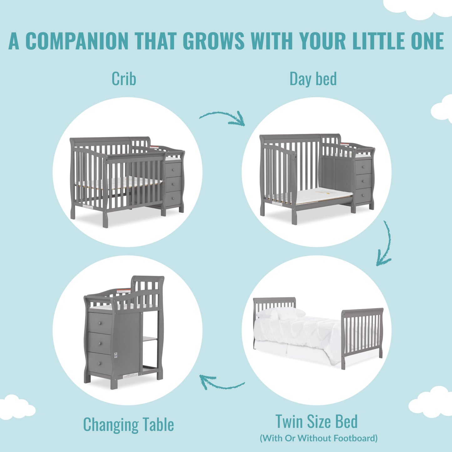 Dream On Me Jayden 4-in-1 Mini Convertible Crib And Changer in Storm Grey, Greenguard Gold Certified, Non-Toxic Finish, New Zealand Pinewood, 1" Mattress Pad