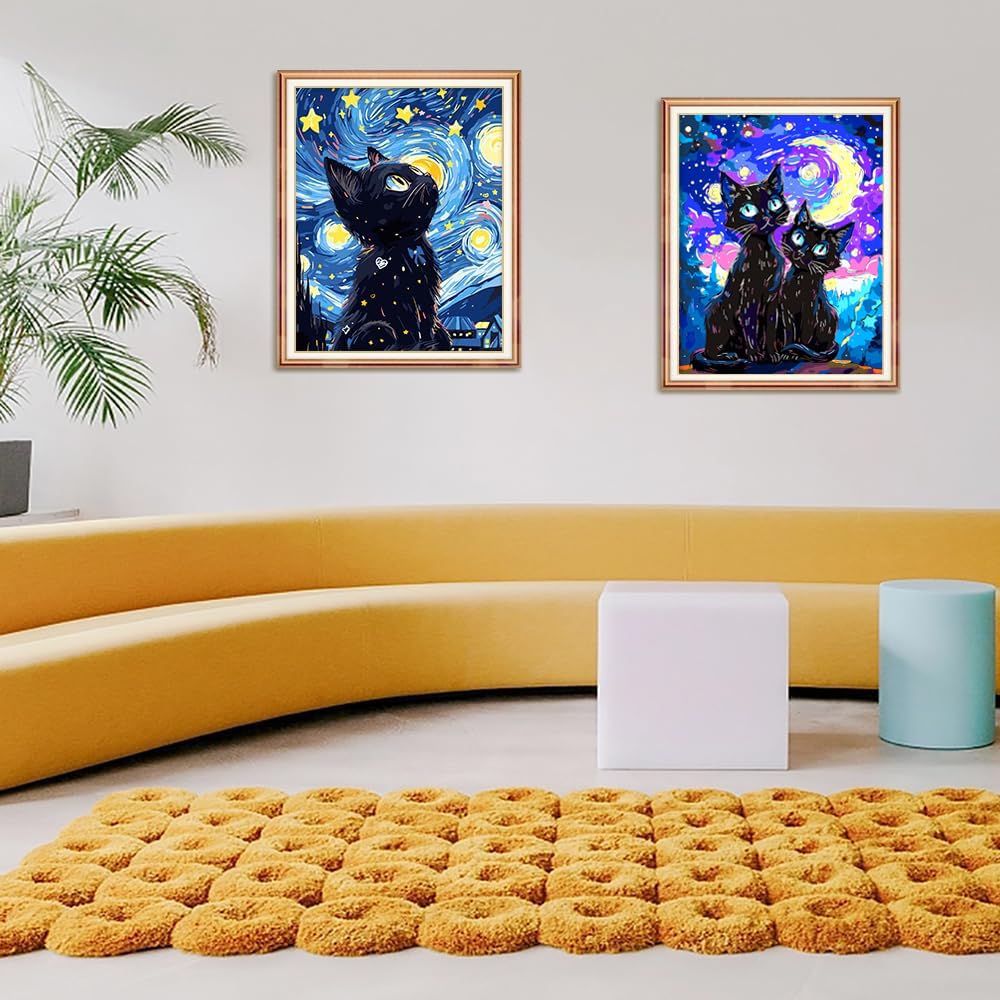 Yunnuo Paint by Numbers for Adults Black Cat, Paint by Numbers Kit on Canvas for Beginners, Starry Night Number Painting Set Craft Supplies, 3 Paintbrushes and Acrylic Paint 16x20 Inch Yunnuo