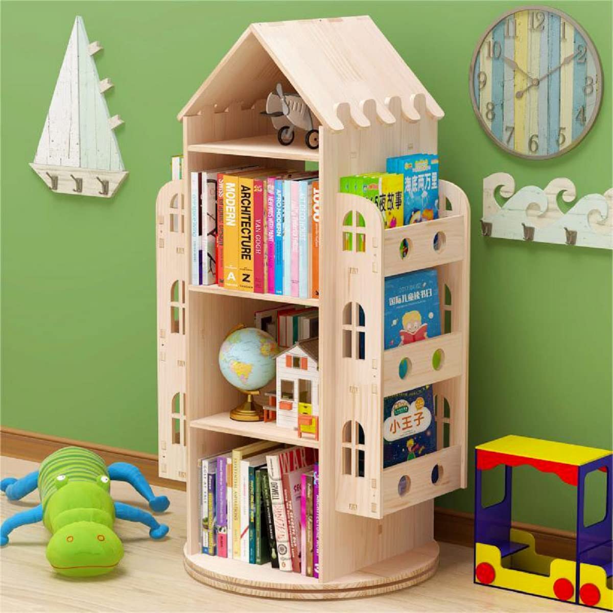 Gdrasuya10 360° Rotating Castle Bookshelf for Kids – Floor Standing Wood Bookcase - WoodArtSupply