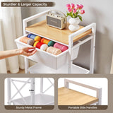 3 Tier Rolling Utility Cart with Drawer, Plastic Drawer Storage Snack Craft Book Cart with Lockable Wheels & Wood Tabletop, Metal Shelf Storage Organizer Cart for Kitchen, Bedroom, Office, White Time Forest