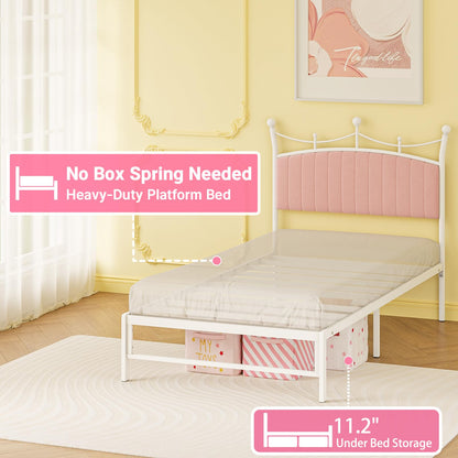 Weehom Twin Upholstered Bed Frame with Headboard, Velvet Bed Frame Metal Platform No Box Spring Needed Easy Assembly Twin Bed for Kids Adults White