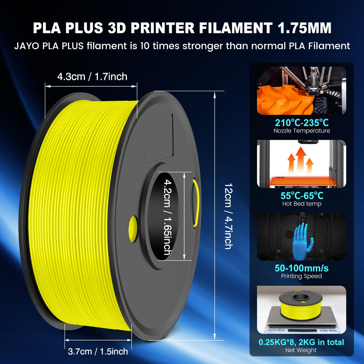 JAYO PLA+ Filament Bundle 1.75mm, 3D Printer Filament Bundle Multicolor, Individually Vacuum Packed, 250g Spool, 8 Pack, 2KG in Total, Black+White+Grey+Blue+Green+Orange+Yellow+Burlywood Color JAYO