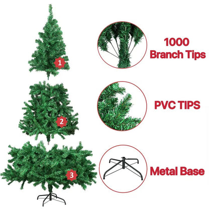 7ft Premium Artificial Christmas Tree Stand Pine Tree with 1000 PVC Branch Tips, Metal Hinges and Foldable Metal Base Full Hinged Spruce for Home Office Holiday Party Indoor Outdoor (Green)