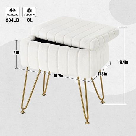 Greenstell Vanity Stool Chair Faux Fur with Storage, 15.7"L x 11.8"W x 19.4"H Soft Ottoman 4 Metal Legs with Anti-Slip Feet, Furry Padded Seat, Modern Multifunctional Chairs for Makeup, Bedroom White GREENSTELL