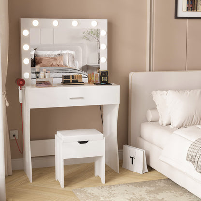 Titoni Vanity Table Set with Lighted Mirror - Makeup Vanity with Charging Station, Large Drawer Sturdy Wood Vanity with Lights, 3 Color Modes, Adjustable Brightness, White - WoodArtSupply