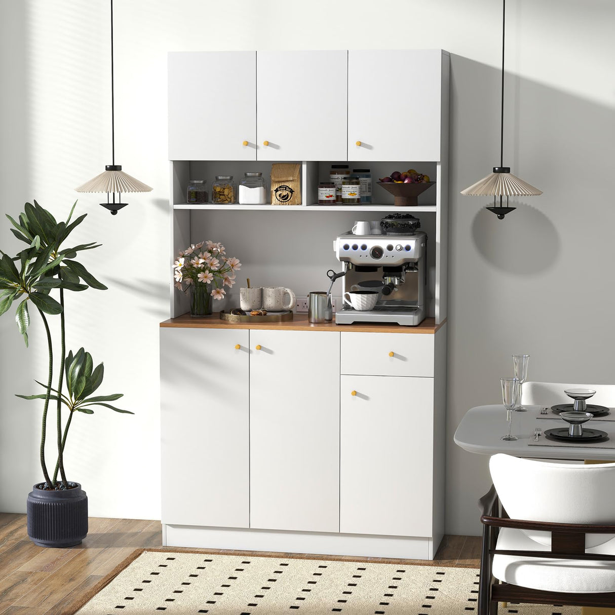 LOKO 71” Tall Kitchen Hutch Storage Cabinet, Freestanding Buffet Cupboard with Outlets & USB Ports, 3-Position Adjustable Shelves, Modern Pantry Cabinet with Microwave Stand for Dining Room, White LOKO