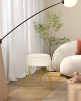 IBUYKE Velvet Round Footrest Stool Ottoman, Makeup Vanity Stool Side Table, Velvet Dressing Table Seat, Pouf Couch Stool, Golden Steel Legs, Creamy-White LG-30M IBUYKE