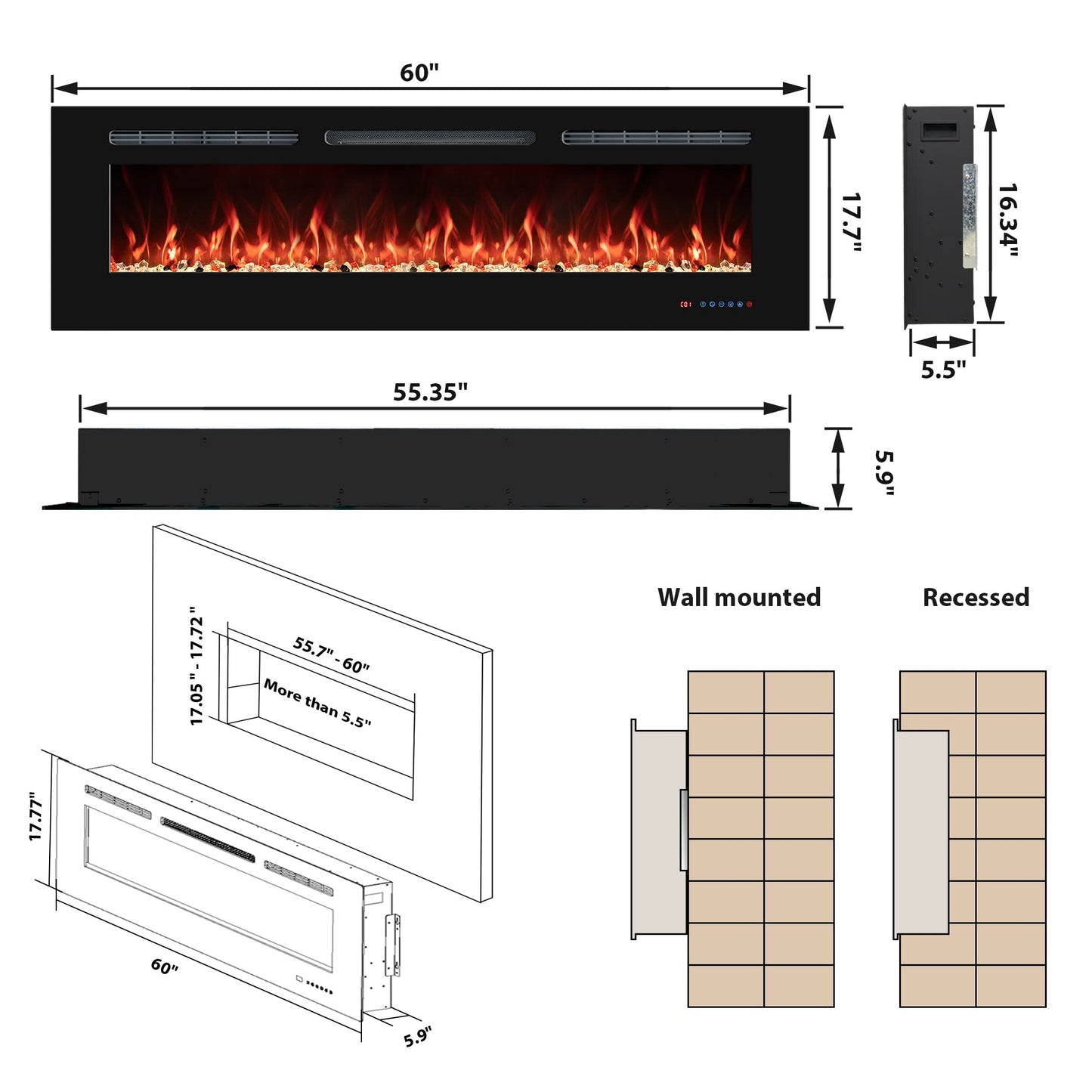 VINEMOUNT 60'' Electric Fireplaces Inserts, Recessed & Wall-Mounted Fireplace Heater with Thermostat, Multicolor Flames,Timer, Log & Crystal, 750/1500W, Black