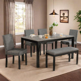 Trygoal Dining Table Set for 5, Modern 6 Piece Dining Room Table Set with Rectangular Table 4 Upholstered Backrest Chairs and a Bench, Counter Height Kitchen Sets with Wood Grain Surface, Black Trygoal
